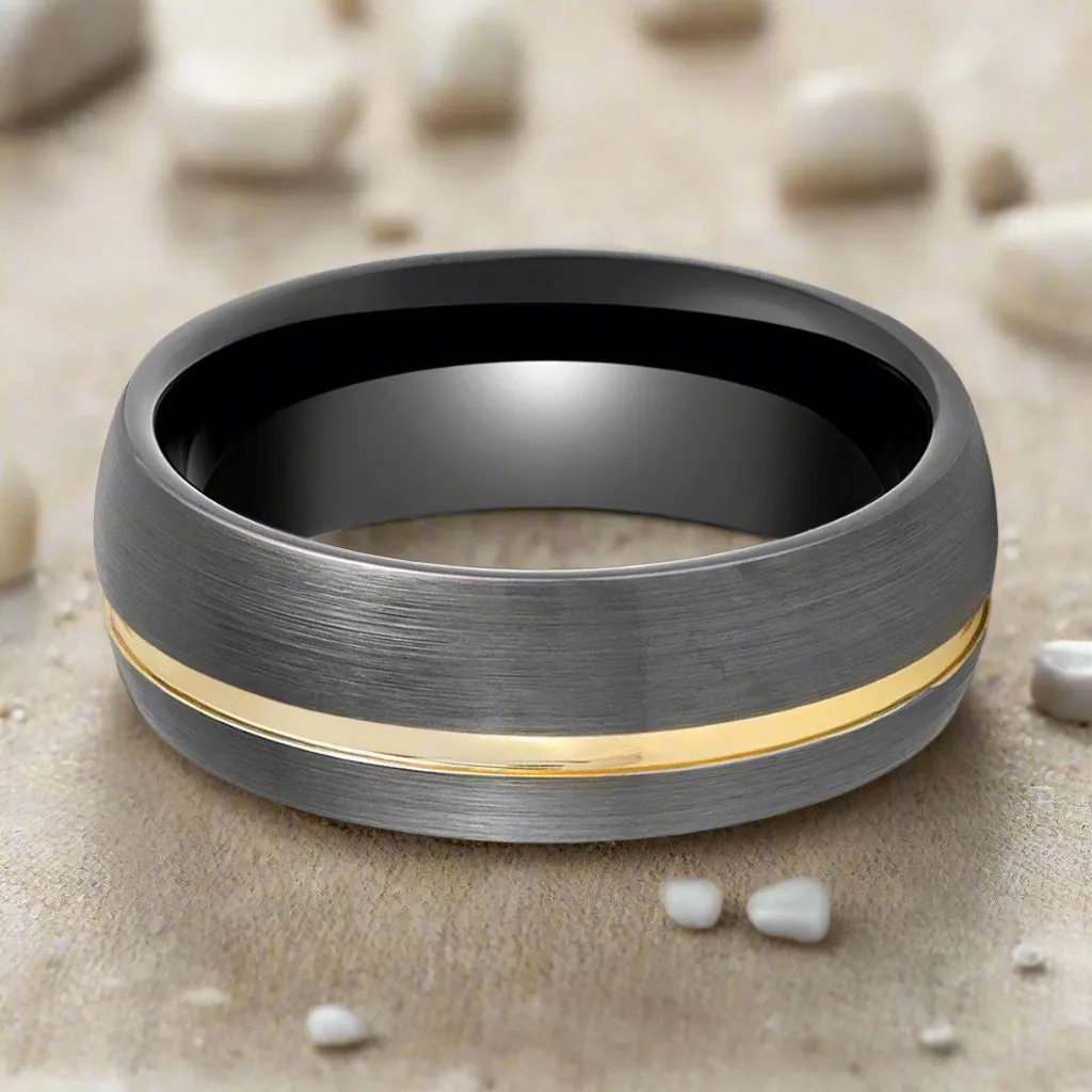 CHARGOLD | Gun Metal Tungsten Ring, Offset Gold Groove, Domed