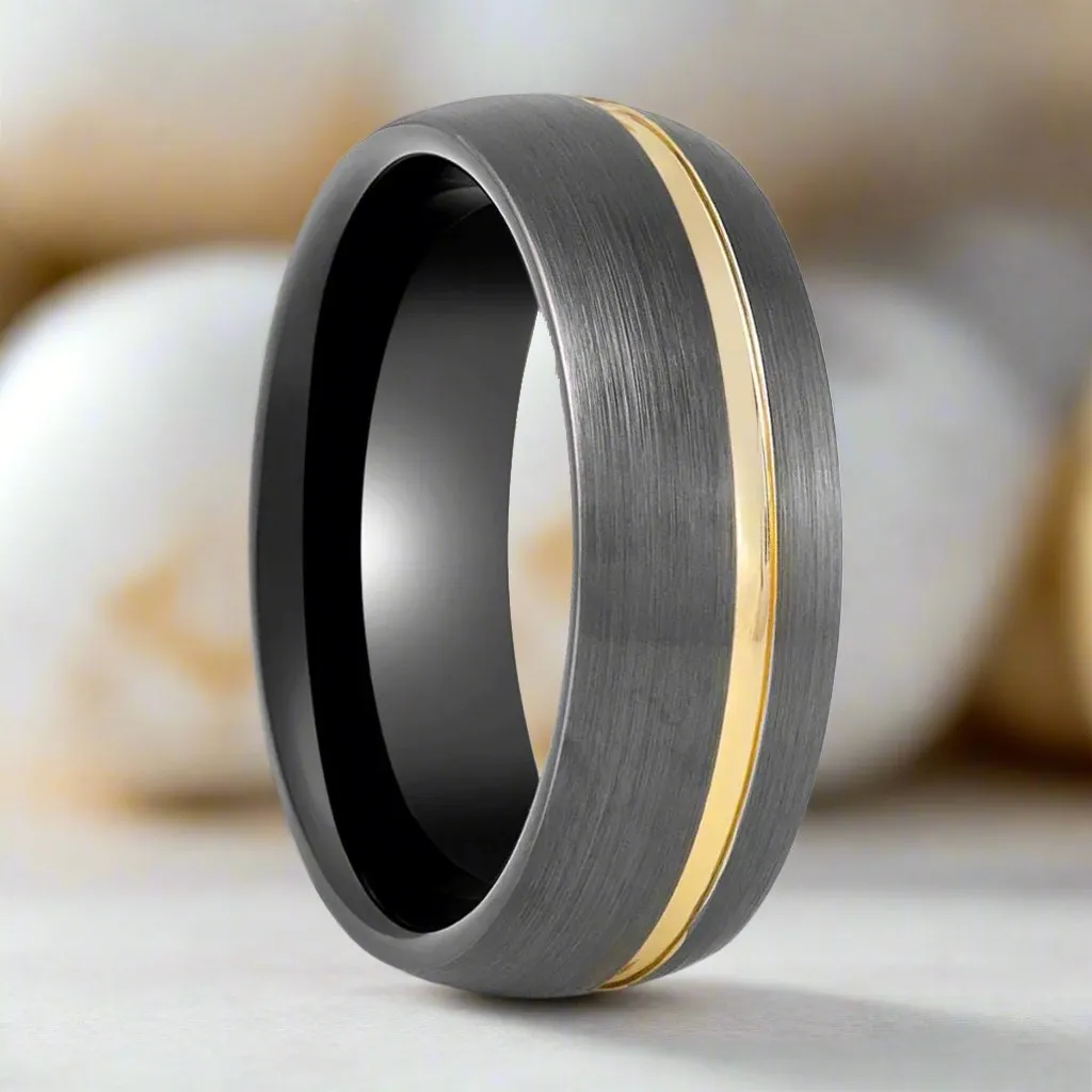 CHARGOLD | Gun Metal Tungsten Ring, Offset Gold Groove, Domed