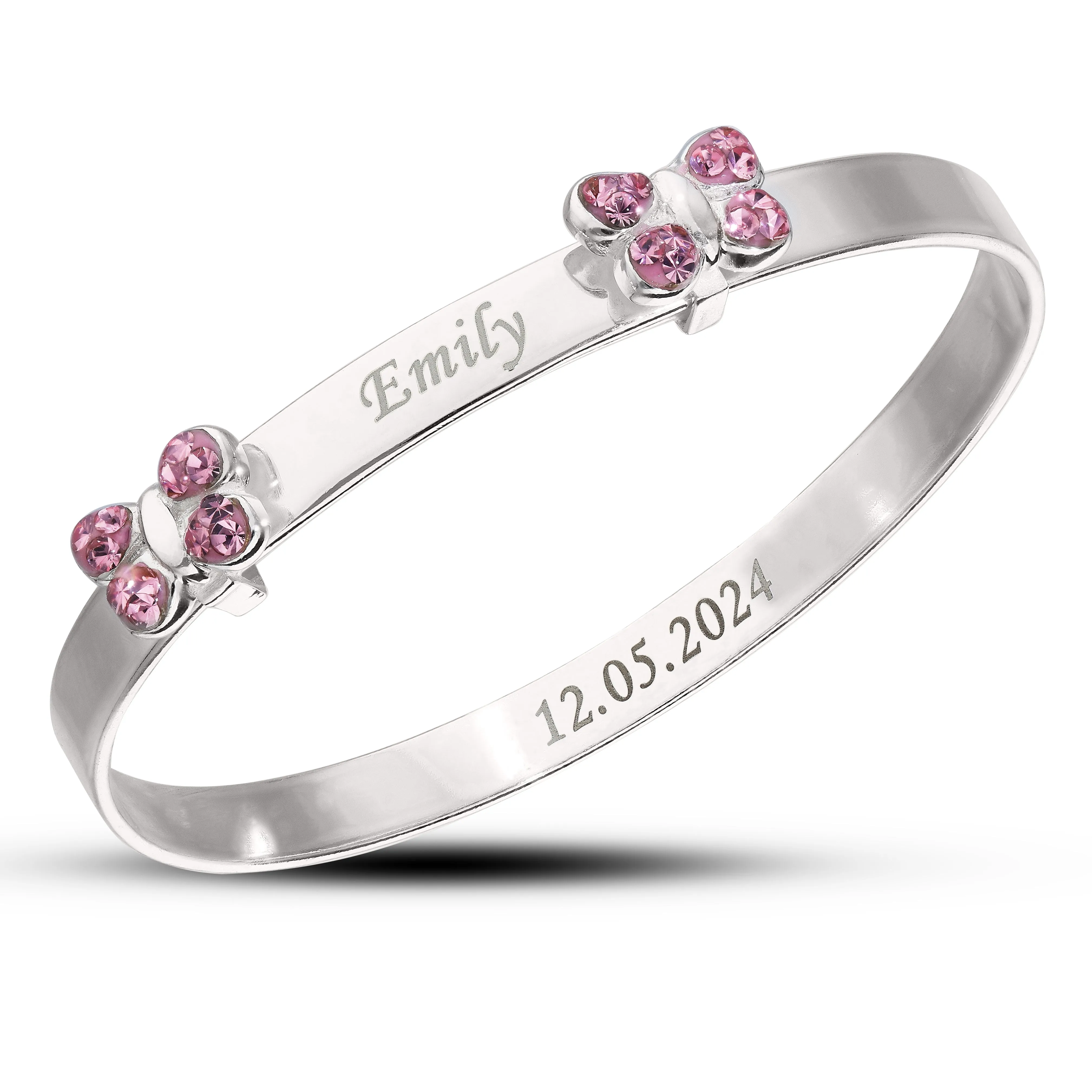 Children’s Customised Expandable Pink CZ Double Butterfly Bangle (0-3 years)