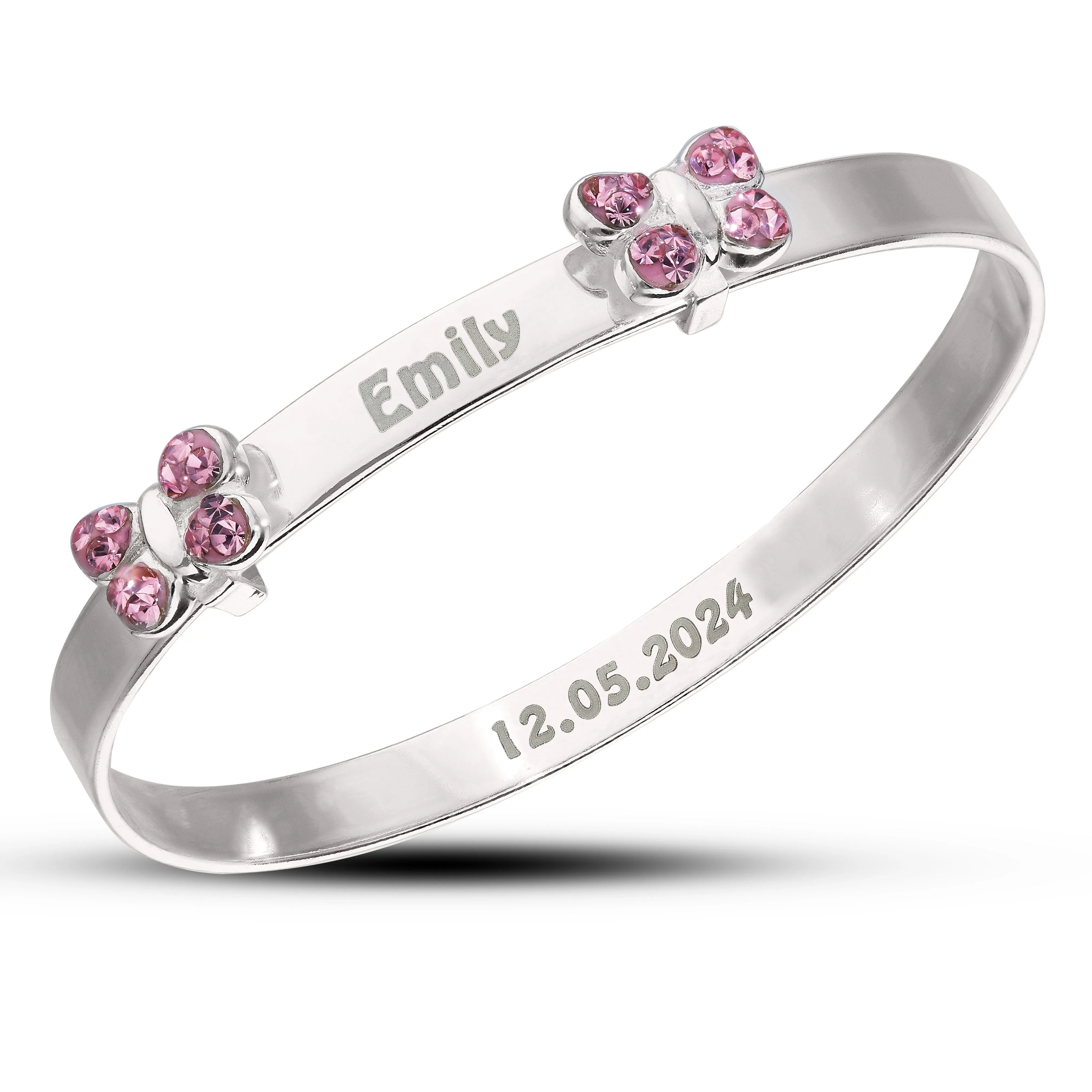 Children’s Customised Expandable Pink CZ Double Butterfly Bangle (0-3 years)