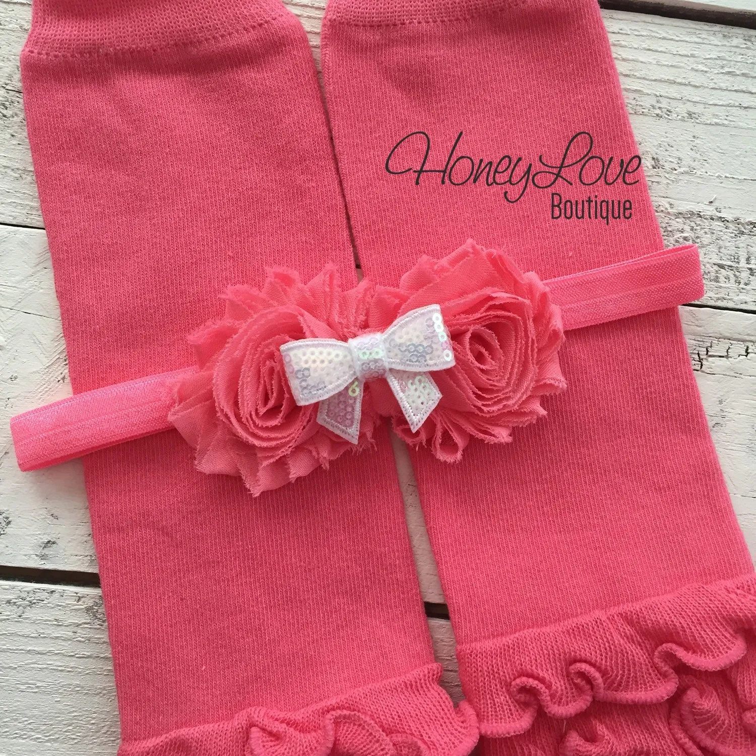 Coral Pink Ruffle leg warmers and matching headband