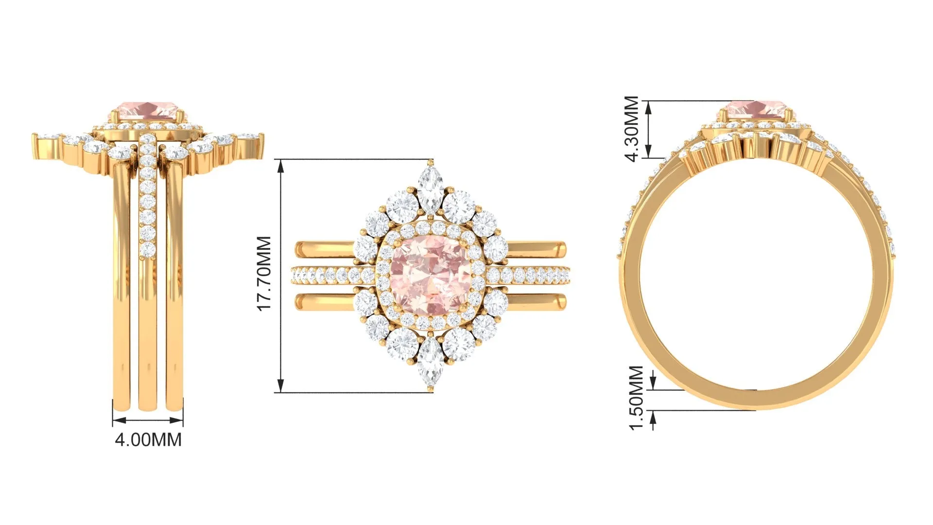 Cushion Cut Morganite Wedding Ring Set with Moissanite