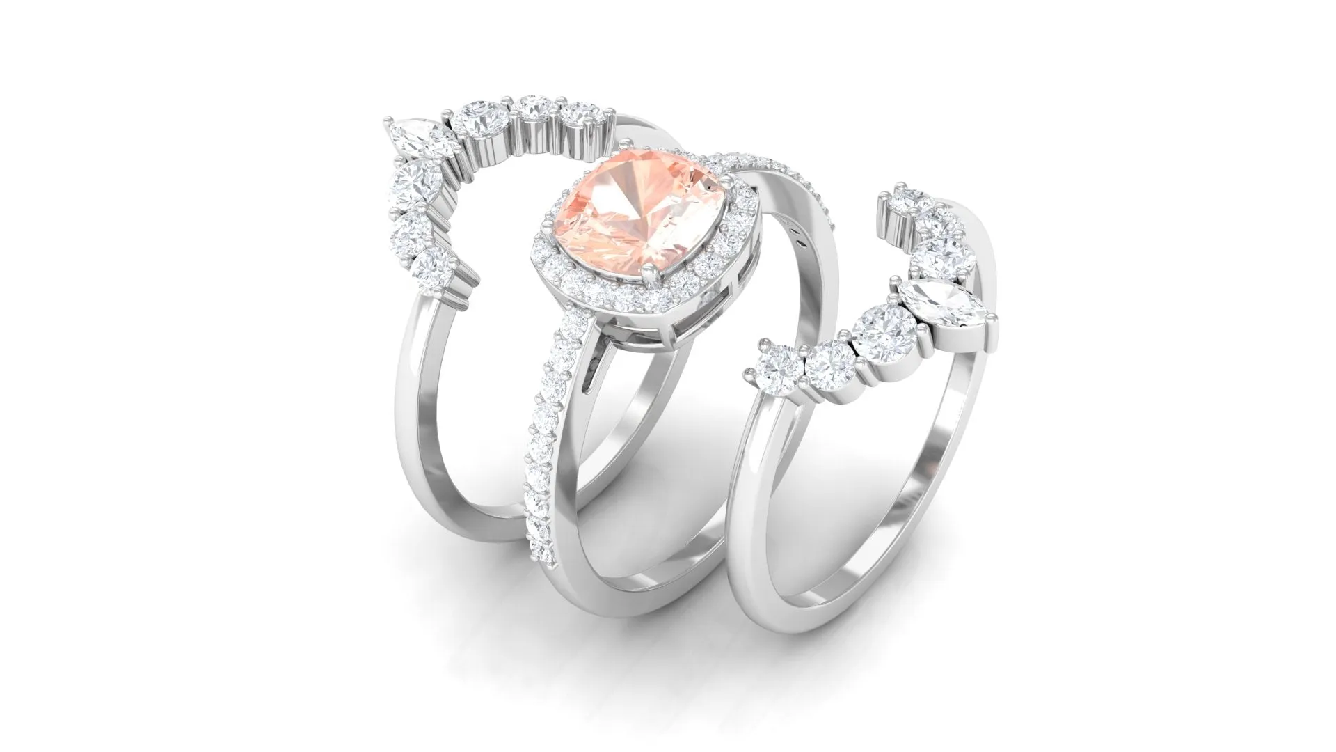 Cushion Cut Morganite Wedding Ring Set with Moissanite