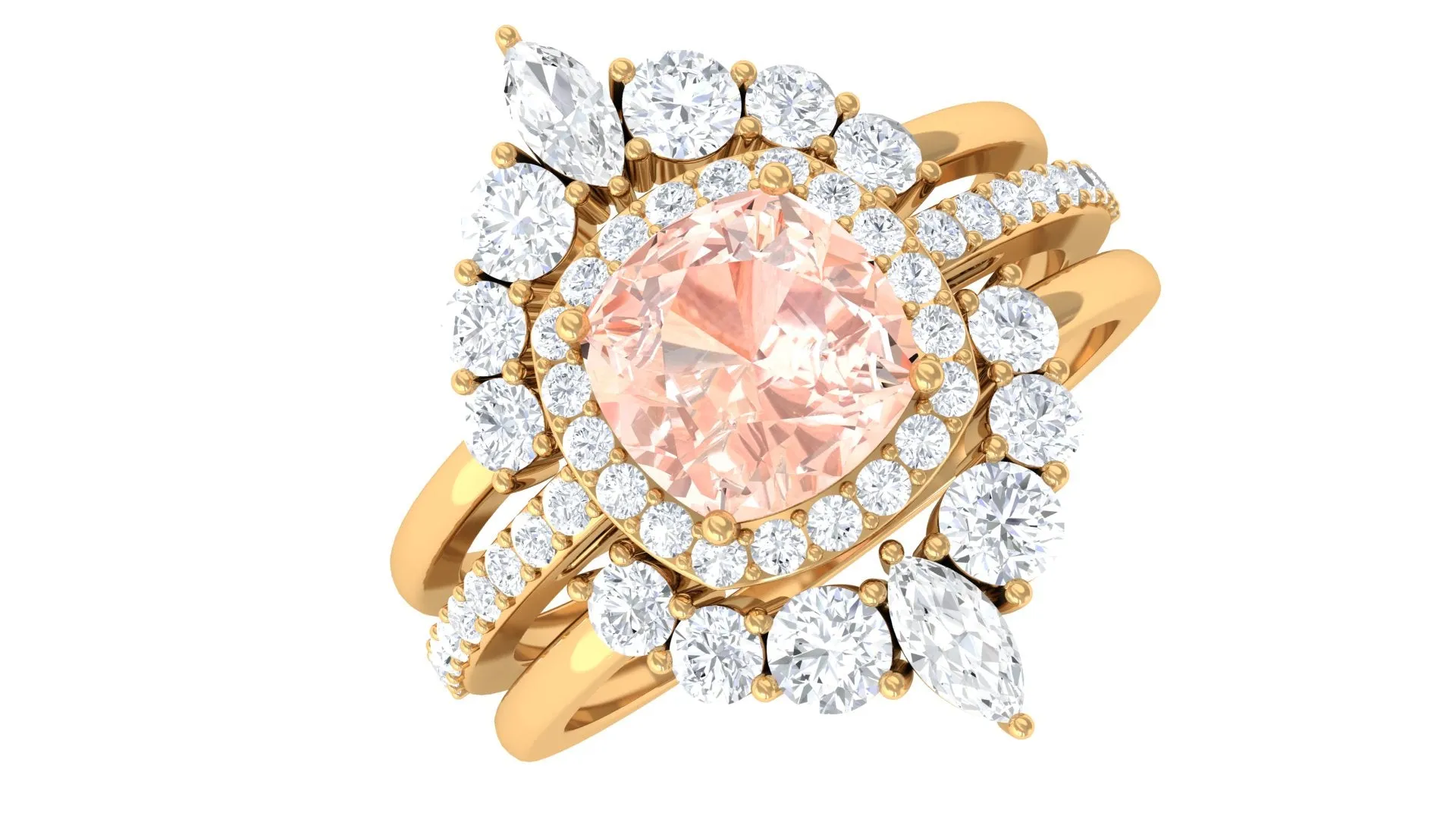 Cushion Cut Morganite Wedding Ring Set with Moissanite