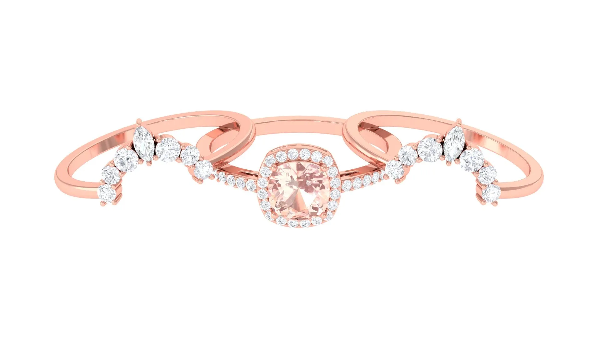 Cushion Cut Morganite Wedding Ring Set with Moissanite