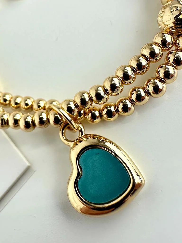 Envy Heart Charm Beaded Bracelet - Gold & Aqua