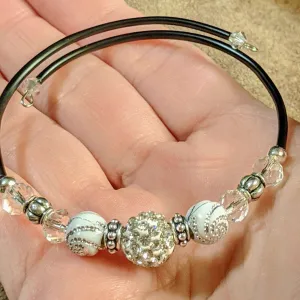 Faux Leather White Rhinestone Memory Wire Bracelet