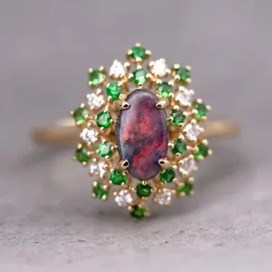 Fireworks - Black Opal & Diamond Engagement Ring 18K Yellow Gold