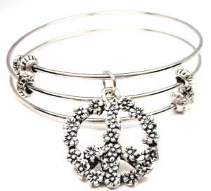 Flowered Peace Sign Triple Style Expandable Bangle Bracelet