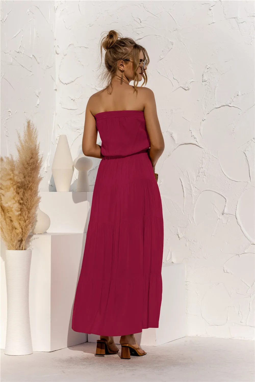 Free Falling Strapless Tiered Maxi Dress - Merlot