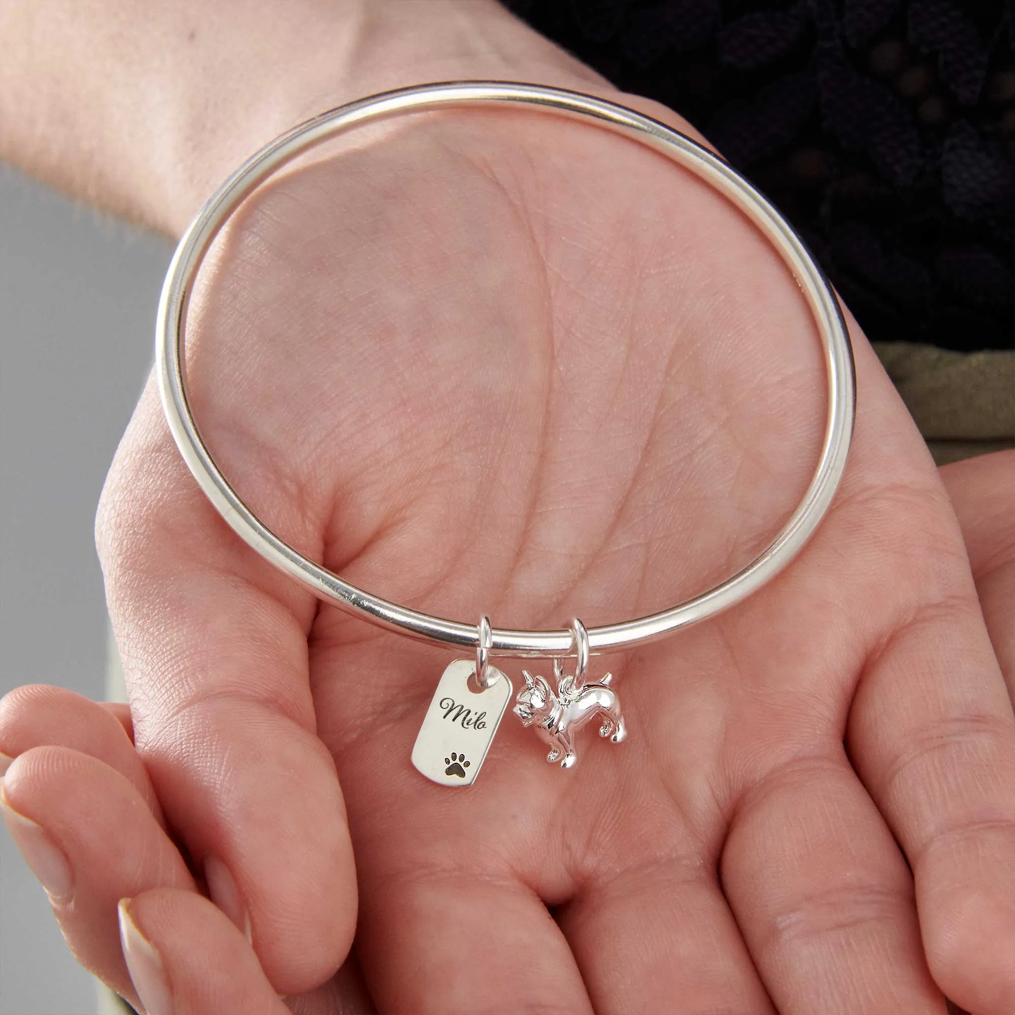 French Bulldog Personalised Dog Tag Silver Bangle