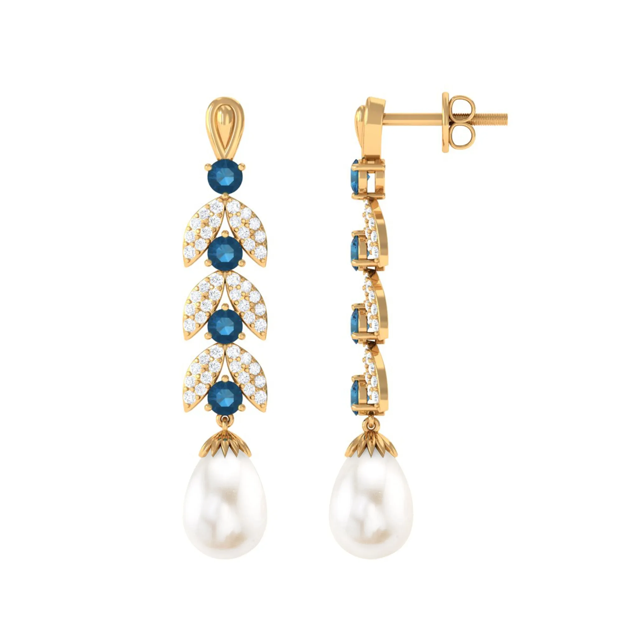 Freshwater Pearl and London Blue Topaz Drop Earrings with Moissanite