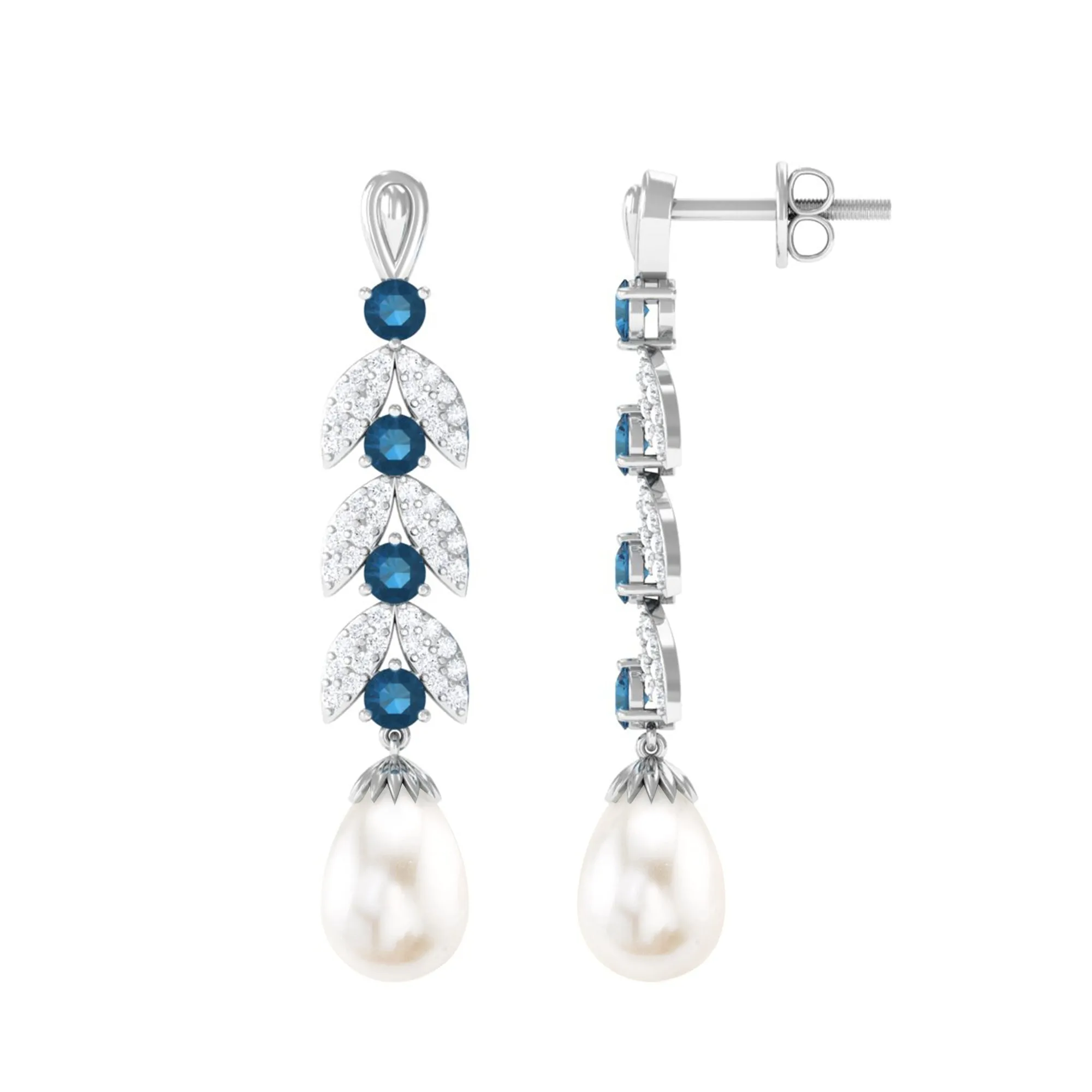 Freshwater Pearl and London Blue Topaz Drop Earrings with Moissanite