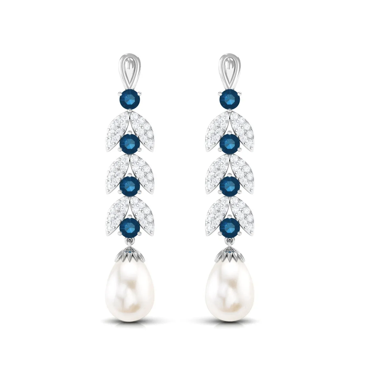 Freshwater Pearl and London Blue Topaz Drop Earrings with Moissanite