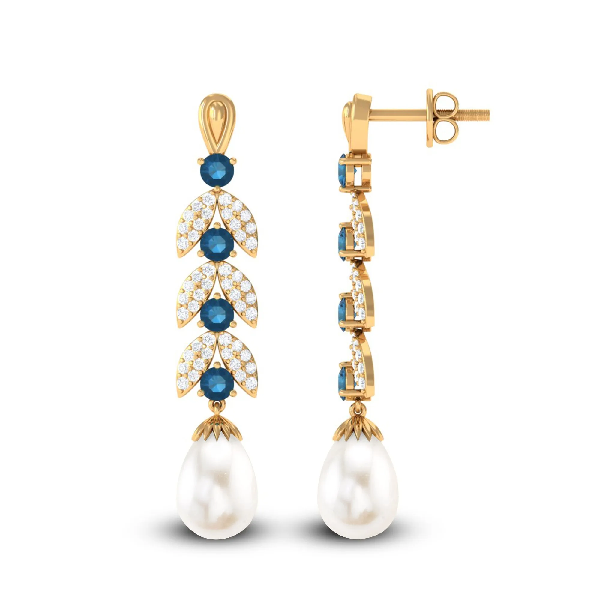 Freshwater Pearl and London Blue Topaz Drop Earrings with Moissanite