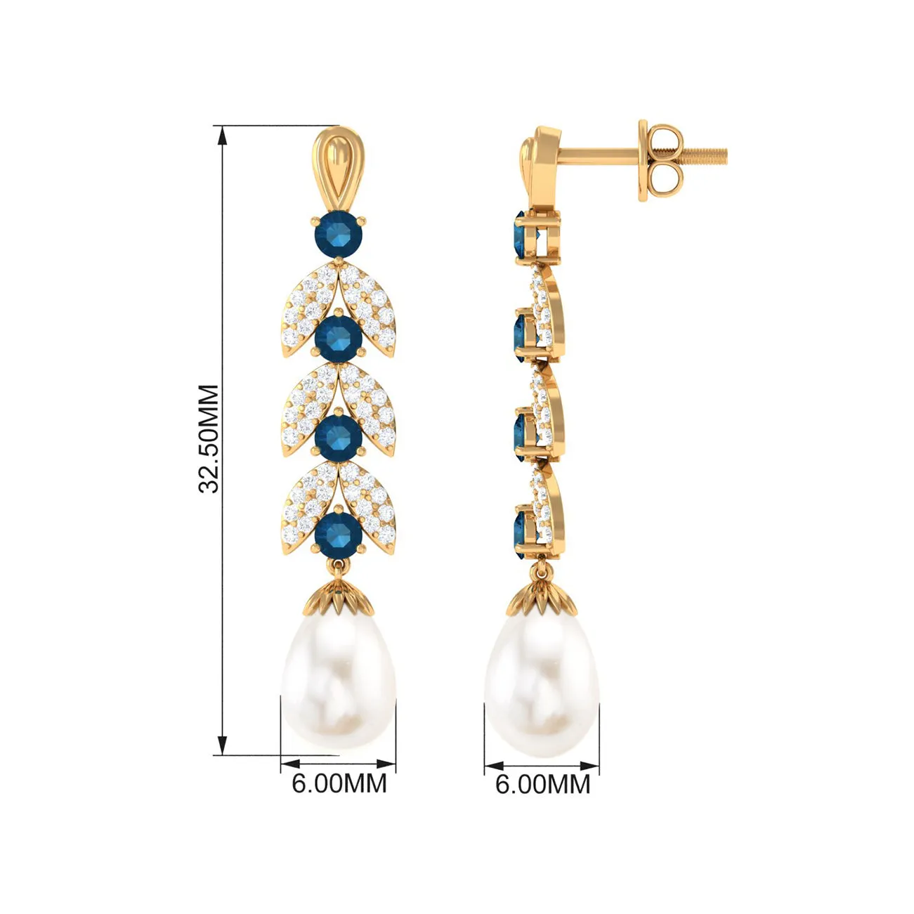 Freshwater Pearl and London Blue Topaz Drop Earrings with Moissanite