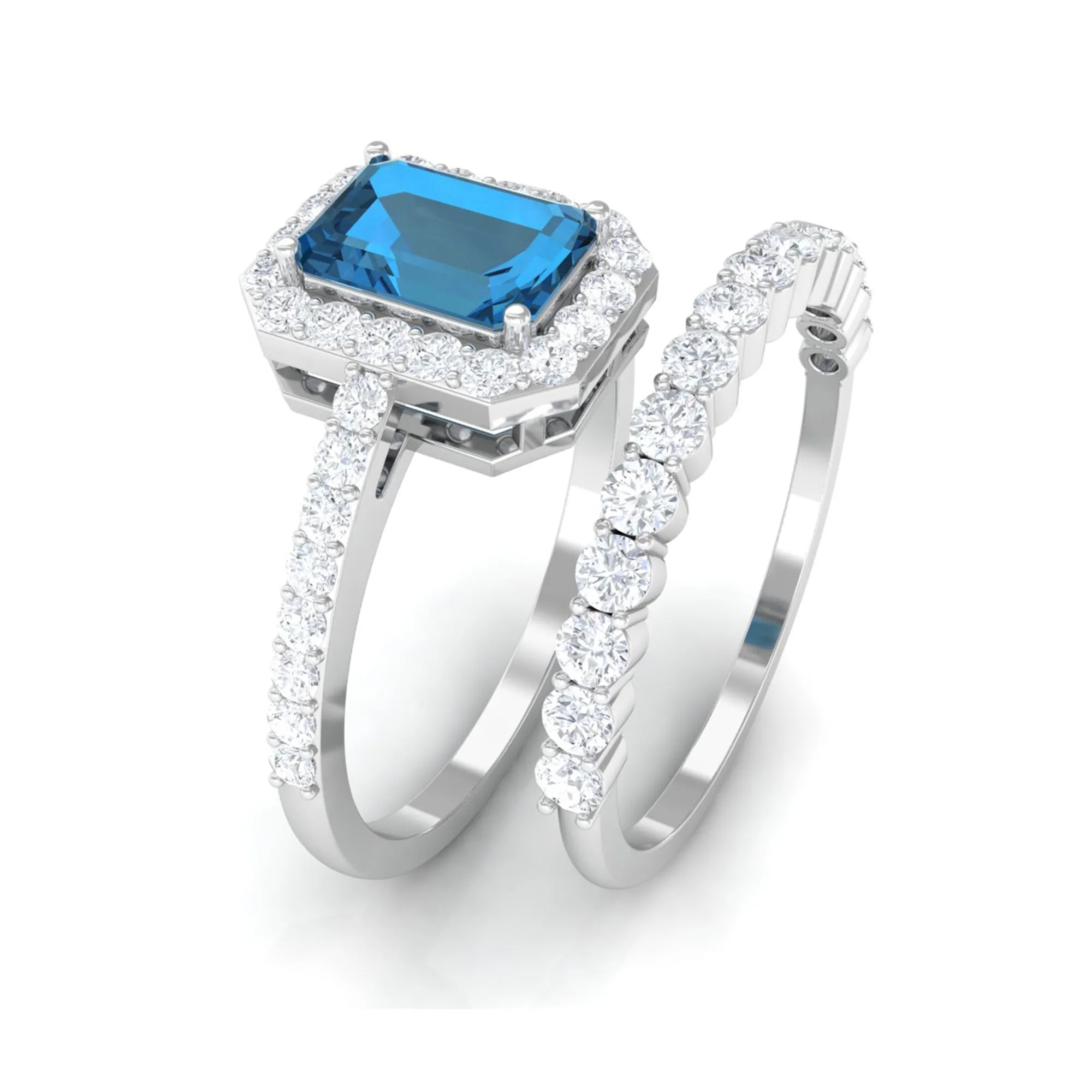 Genuine London Blue Topaz and Diamond Stackable Ring Set