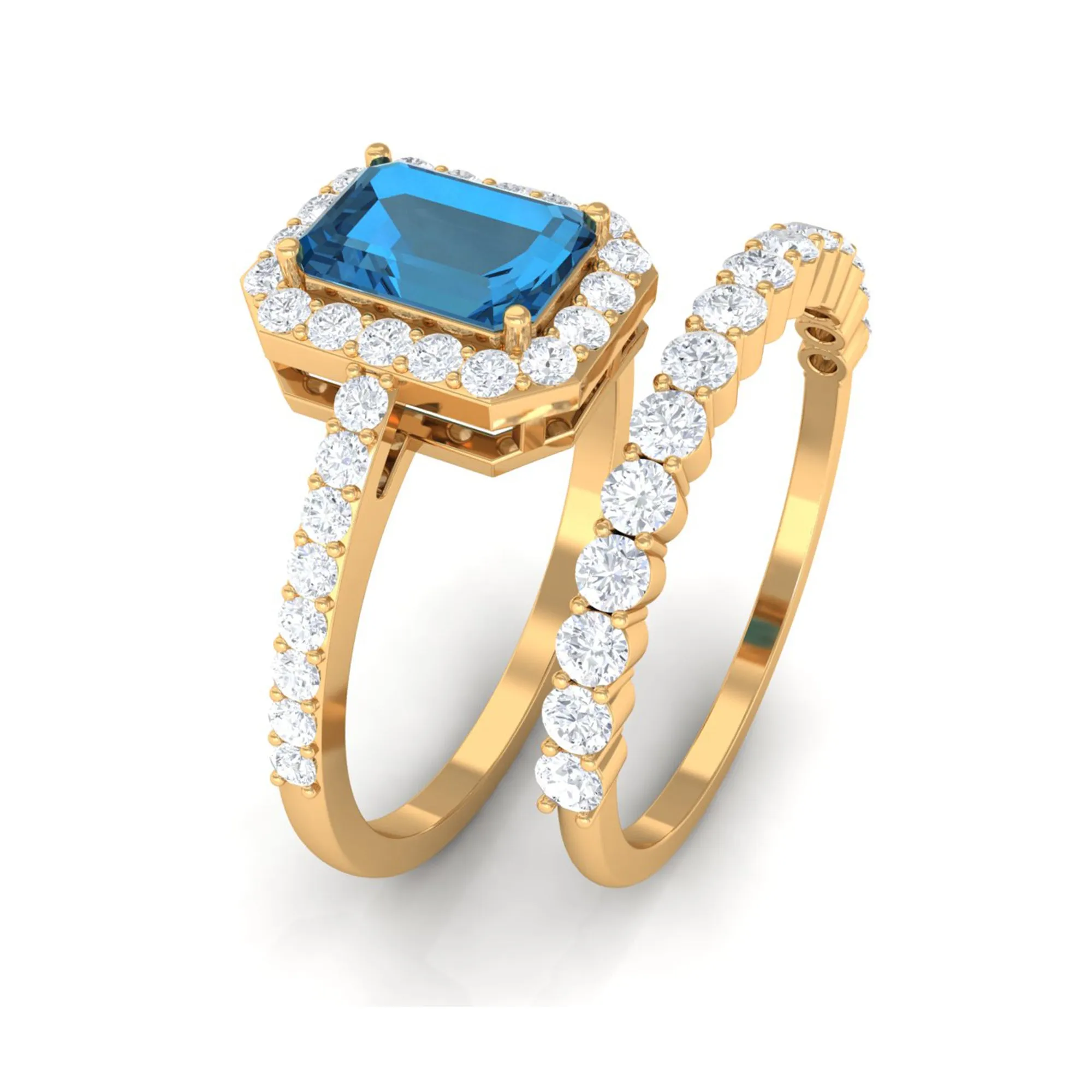 Genuine London Blue Topaz and Diamond Stackable Ring Set