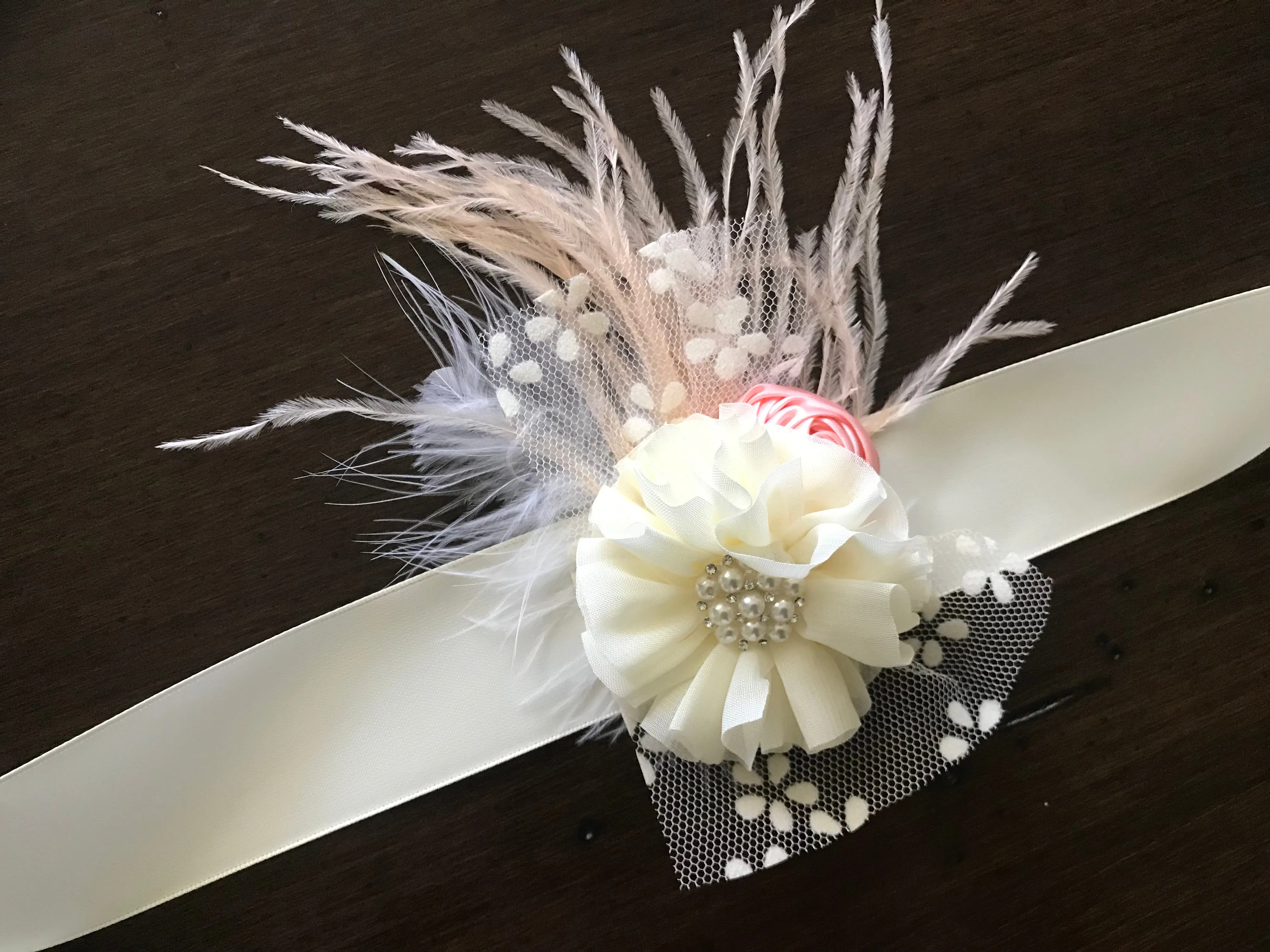 Girls Ivory and Peach Blush Headband and Sash