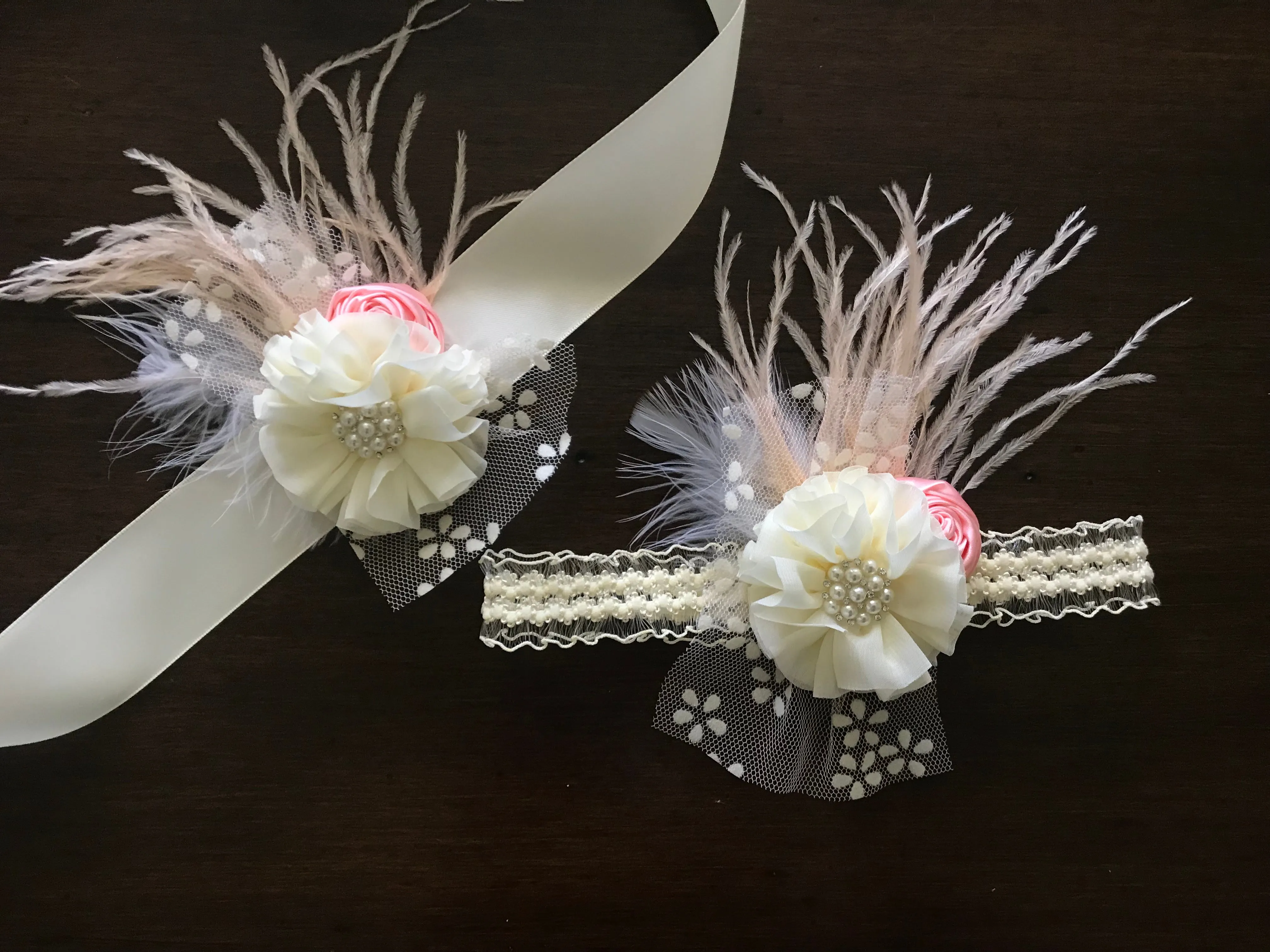 Girls Ivory and Peach Blush Headband and Sash