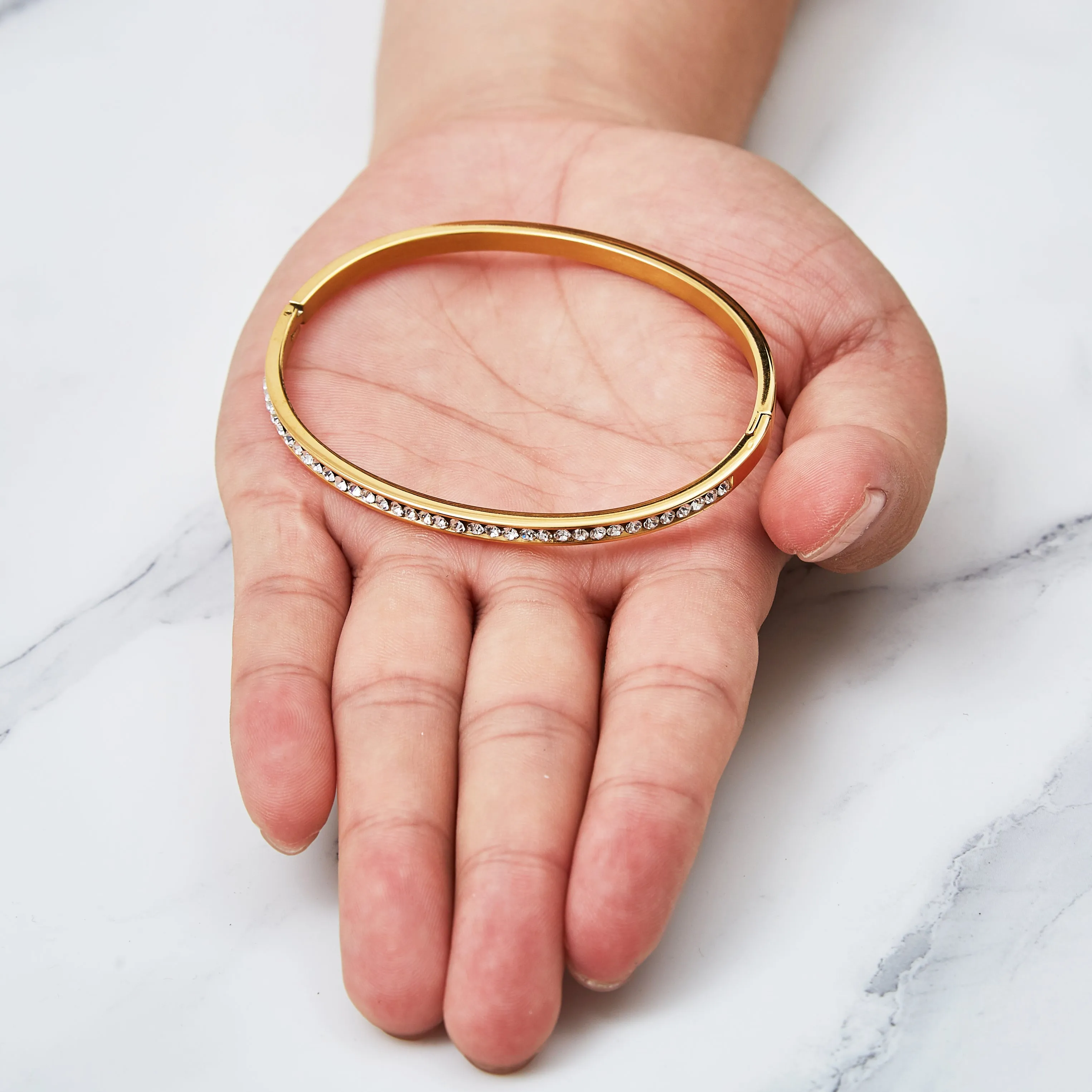 Gold Plated Channel Set Bangle Created with Zircondia® Crystals (7 Inch)