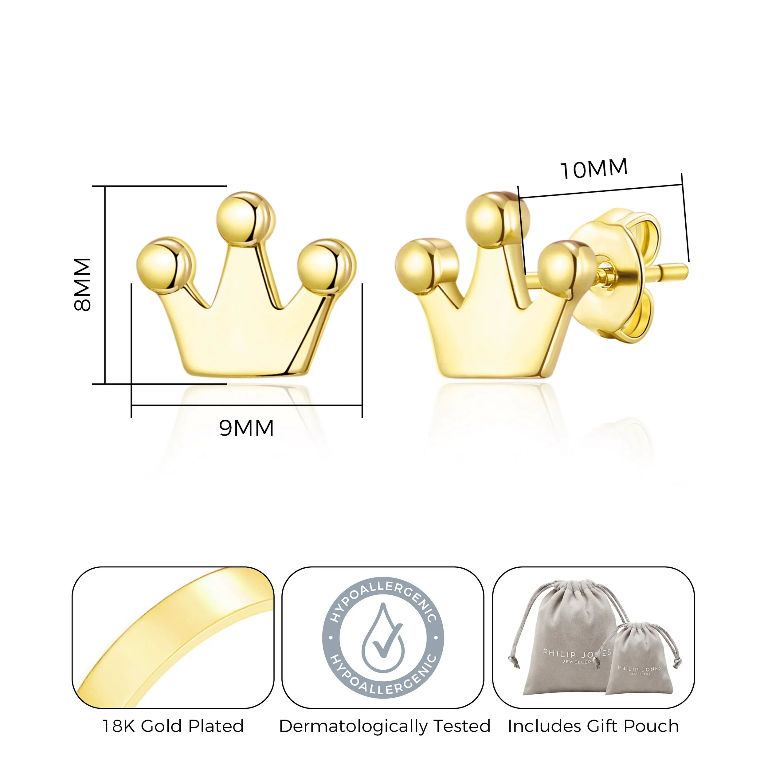 Gold Plated Crown Stud Earrings