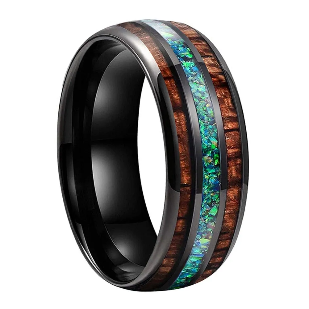 Green Opal & Koa Wood Black Tungsten Ring (8mm)