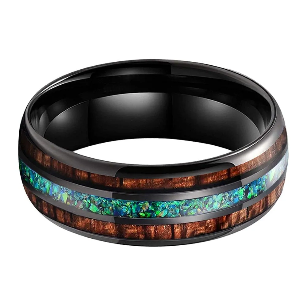 Green Opal & Koa Wood Black Tungsten Ring (8mm)