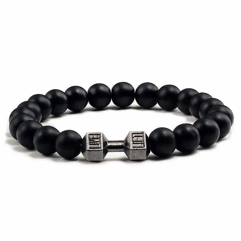 High Quality Men Beaded Bracelet Natural Black Lava Stone Dumbbell Charm Bracelets Energy Fitness Barbell Fashion Women Jewelry