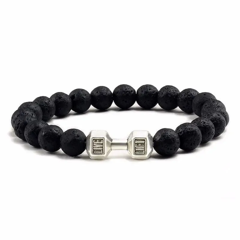 High Quality Men Beaded Bracelet Natural Black Lava Stone Dumbbell Charm Bracelets Energy Fitness Barbell Fashion Women Jewelry