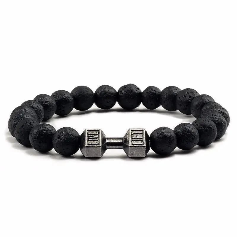 High Quality Men Beaded Bracelet Natural Black Lava Stone Dumbbell Charm Bracelets Energy Fitness Barbell Fashion Women Jewelry