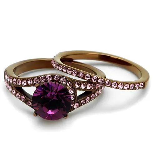 IP Coffee light Stainless Steel Ring with Top Grade Crystal in Amethyst for Women Style TK2745