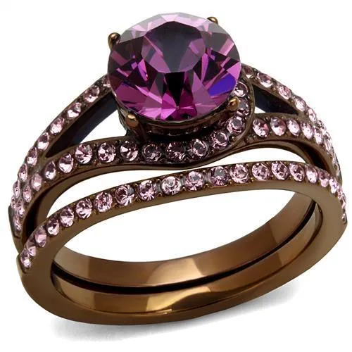 IP Coffee light Stainless Steel Ring with Top Grade Crystal in Amethyst for Women Style TK2745