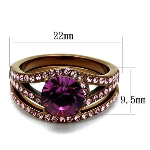 IP Coffee light Stainless Steel Ring with Top Grade Crystal in Amethyst for Women Style TK2745