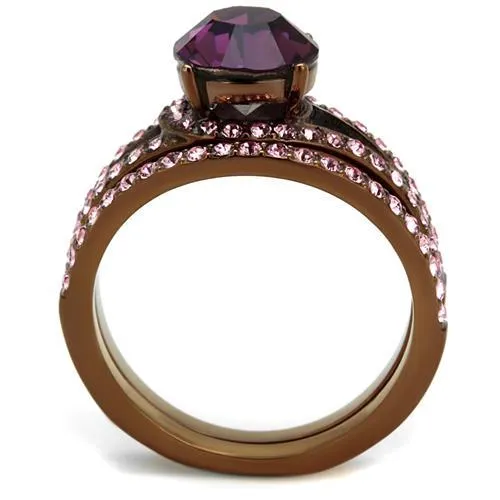 IP Coffee light Stainless Steel Ring with Top Grade Crystal in Amethyst for Women Style TK2745