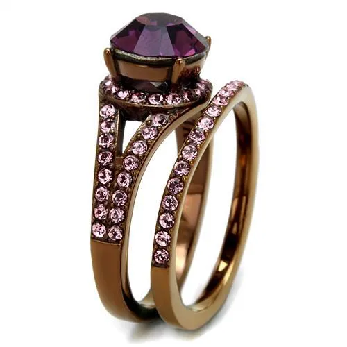 IP Coffee light Stainless Steel Ring with Top Grade Crystal in Amethyst for Women Style TK2745