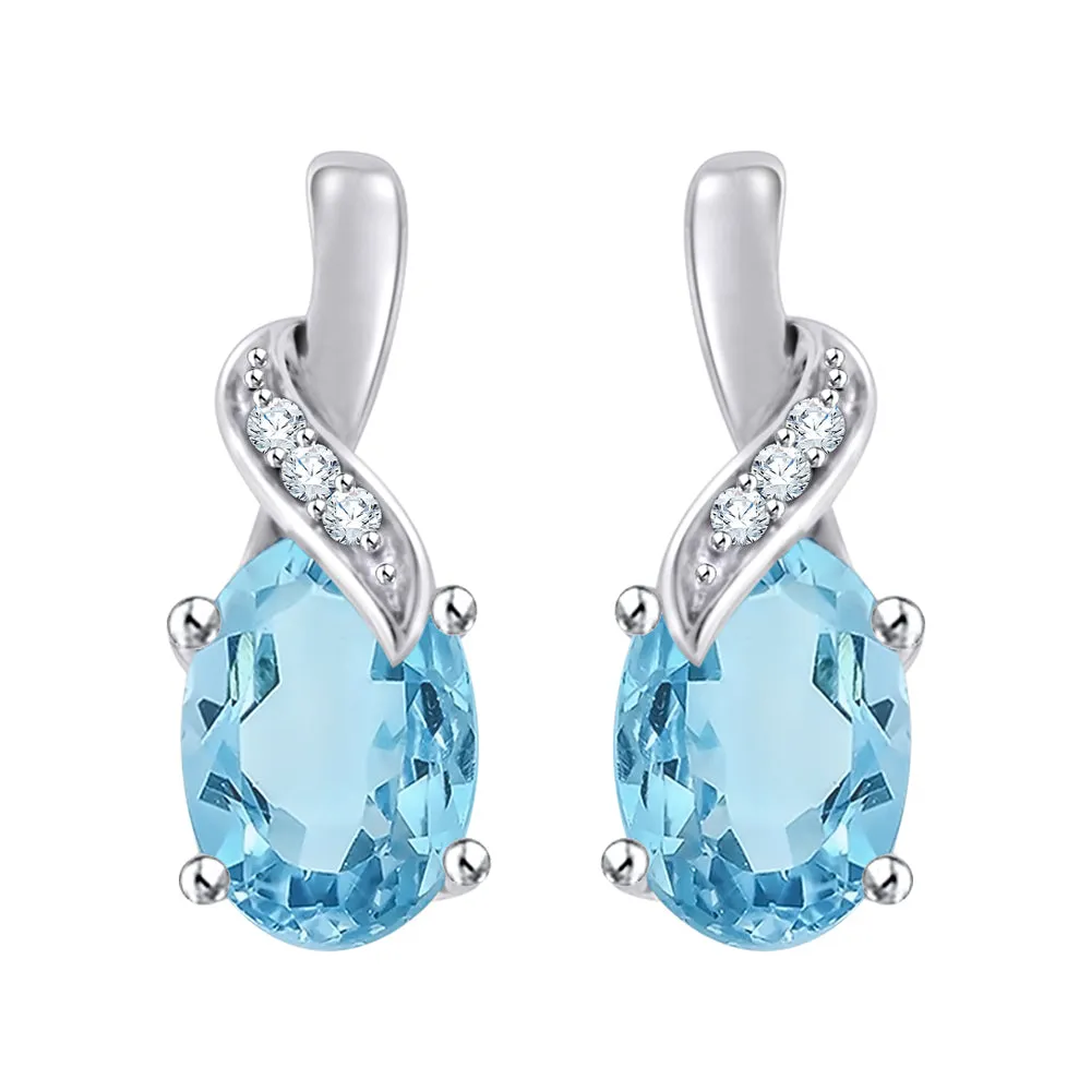 KATARINA 2 cttw Diamond and Oval Cut Blue Topaz Drop Earrings