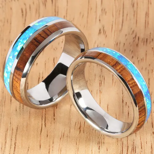 Koa Wood Opal Tungsten Two Tone Mens Wedding Ring Half Wood/Opal 8mm Barrel Shape Hawaiian Ring