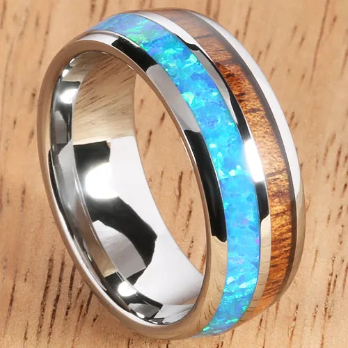 Koa Wood Opal Tungsten Two Tone Mens Wedding Ring Half Wood/Opal 8mm Barrel Shape Hawaiian Ring