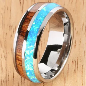 Koa Wood Opal Tungsten Two Tone Mens Wedding Ring Half Wood/Opal 8mm Barrel Shape Hawaiian Ring