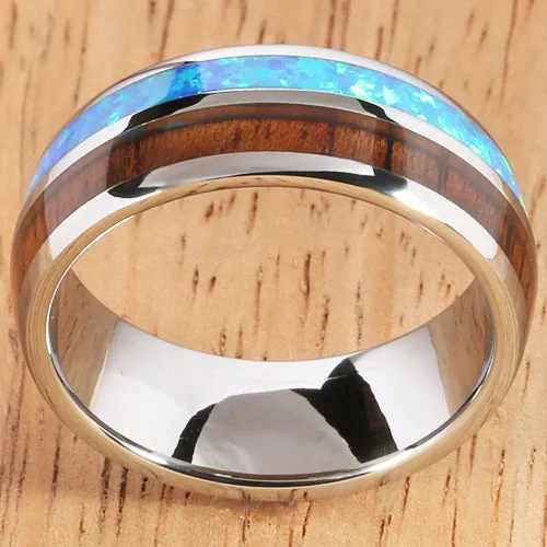 Koa Wood Opal Tungsten Two Tone Mens Wedding Ring Half Wood/Opal 8mm Barrel Shape Hawaiian Ring