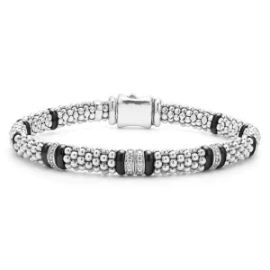 LAGOS Black Ceramic Four Station Diamond Caviar Bracelet in Sterling Silver