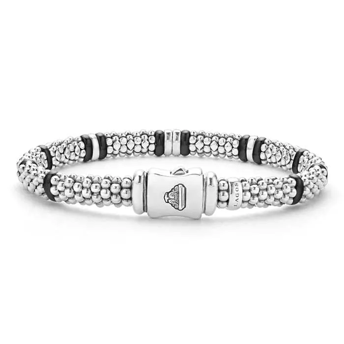 LAGOS Black Ceramic Four Station Diamond Caviar Bracelet in Sterling Silver