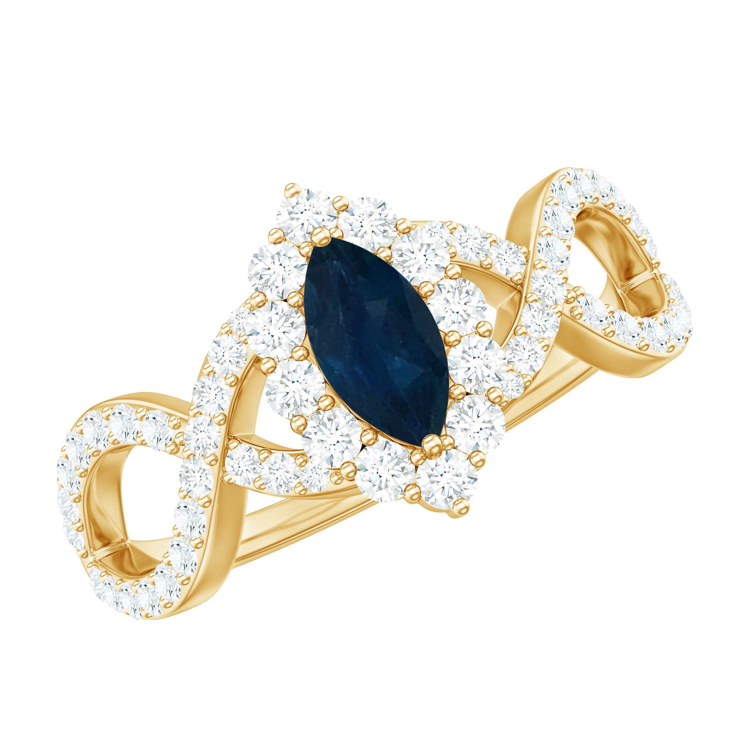 Marquise Blue Sapphire Crossover Engagement Ring with Diamond Halo