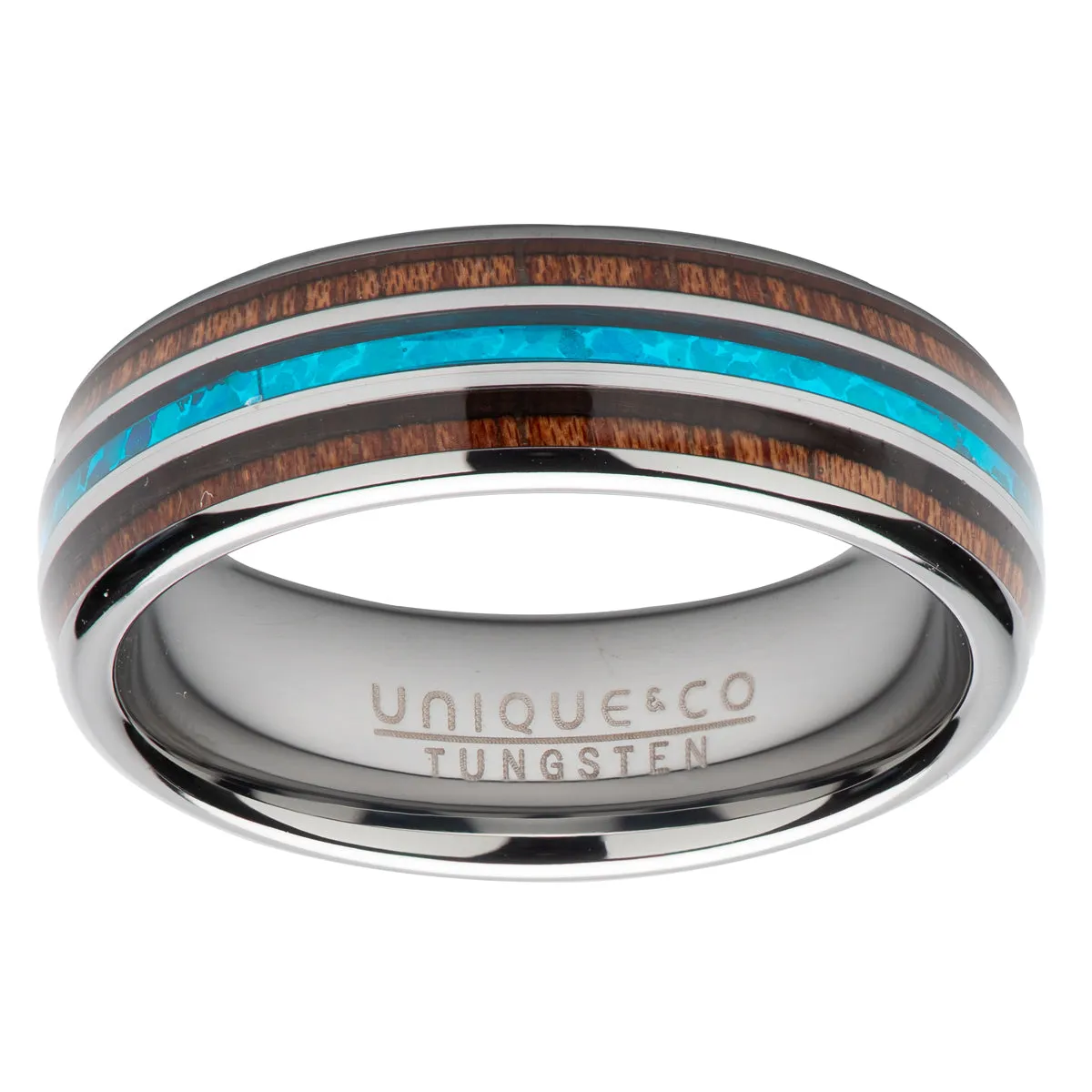 Mens Tungsten Wood & Blue Opal Inlay Ring size U