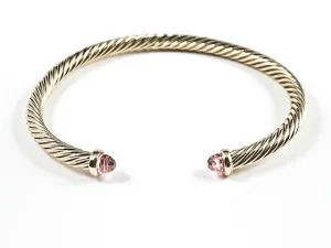 Modern Thin Cable Wire Texture With Dainty Pink Crystal Duo Ends Gold Tone Brass Cuff Bangle