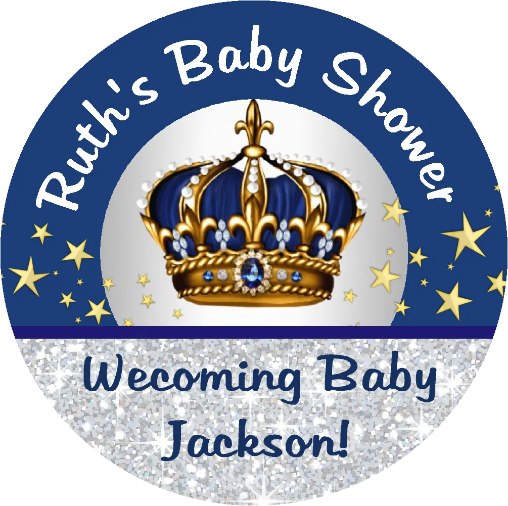 Navy Blue White Gold and Silver Royal Prince Crown Personalized Baby Shower Round  Stickers  Supplies Labels