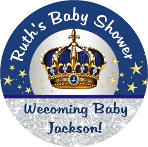 Navy Blue White Gold and Silver Royal Prince Crown Personalized Baby Shower Round  Stickers  Supplies Labels