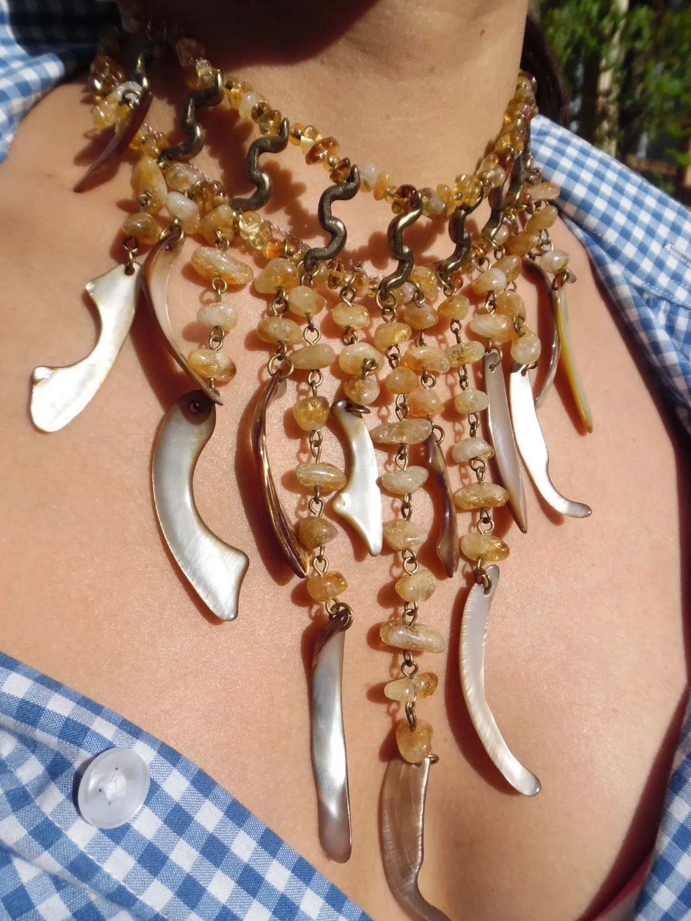 Necklace With Bib Citrine Amber Quartz Shell