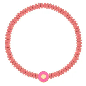 Neon Pink Enameled Evil Eye Disk on Hematite Beaded Bracelet